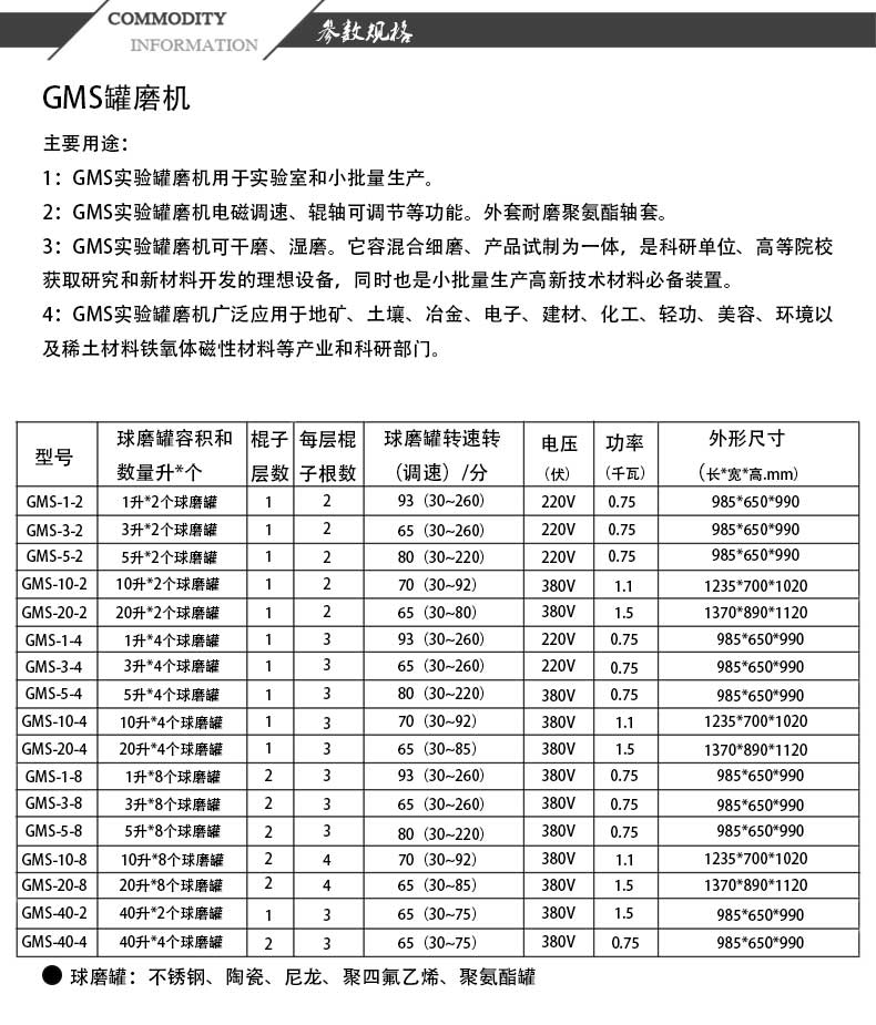罐磨機 參數規格及選型